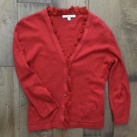 CAbi #165 Tomato Red Ruffle Trim Button Up Party Cardi Cardigan Sweater Small - Picture 3 of 4